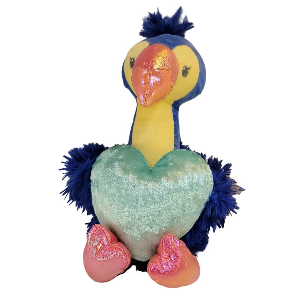 Blue Flamingo with Green Heart Plush Bird Stuffed Animal 12" Plushy Stuffy Soft